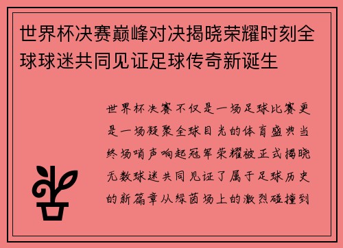 世界杯决赛巅峰对决揭晓荣耀时刻全球球迷共同见证足球传奇新诞生